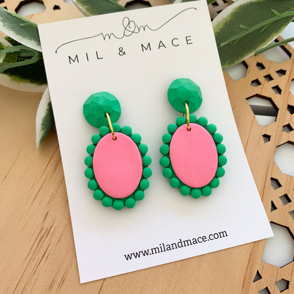 Pink and Green Polymer Clay Dangle Earrings