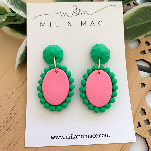 Pink and Green Polymer Clay Dangle Earrings