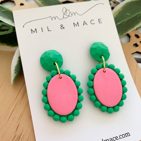 Pink and Green Polymer Clay Dangle Earrings
