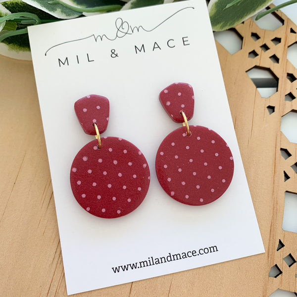Polkadot Burgundy and Pink Polymer Clay Dangle Earrings