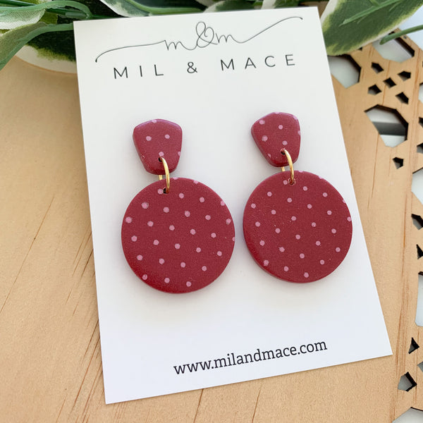 Polkadot Burgundy and Pink Polymer Clay Dangle Earrings