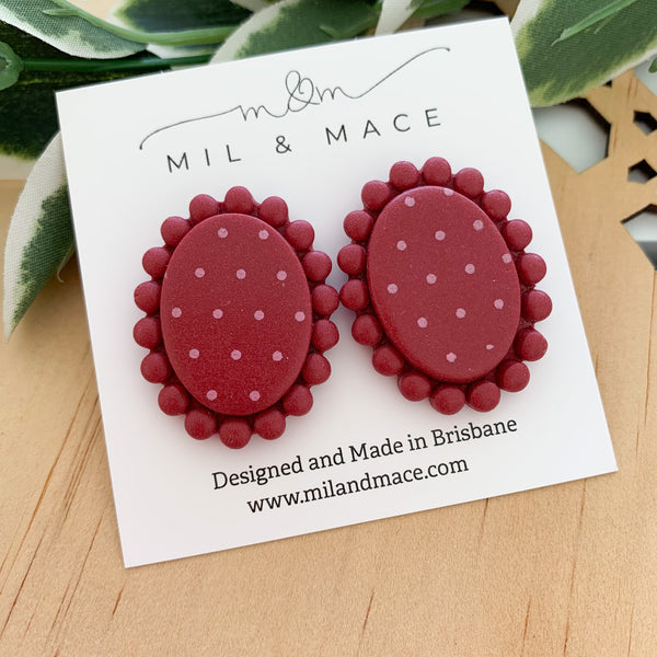 Polkadot Burgundy and Pink Polymer Clay Stud Earrings