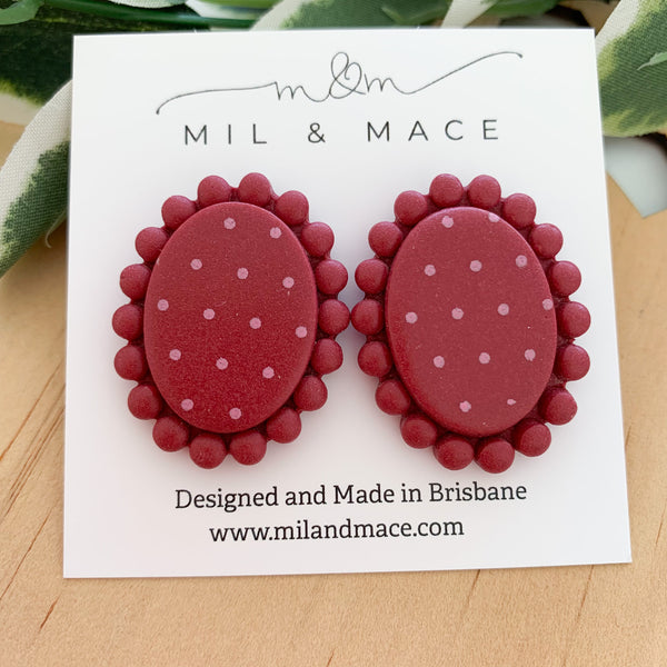 Polkadot Burgundy and Pink Polymer Clay Stud Earrings