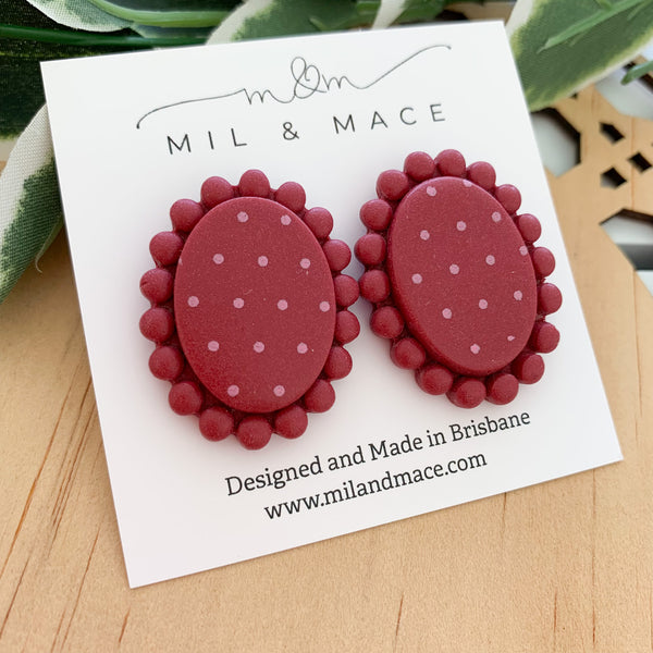 Polkadot Burgundy and Pink Polymer Clay Stud Earrings