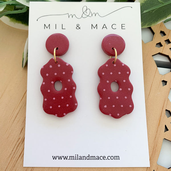 Polkadot Burgundy and Pink Polymer Clay Dangle Earrings