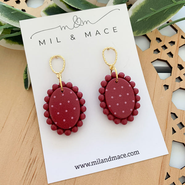 Polkadot Burgundy and Pink Polymer Clay Dangle Earrings