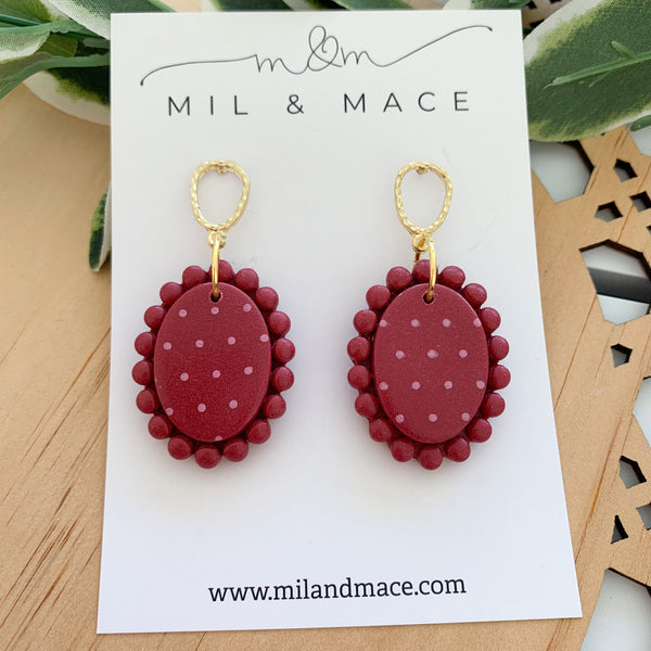 Polkadot Burgundy and Pink Polymer Clay Dangle Earrings