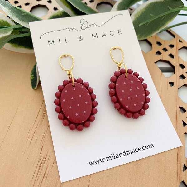 Polkadot Burgundy and Pink Polymer Clay Dangle Earrings