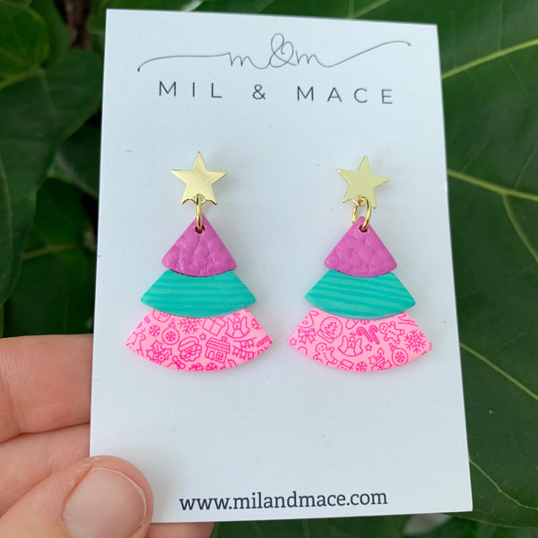 Layered Purple, Pink and Teal Christmas Trees  Polymer Clay Dangle Earrings