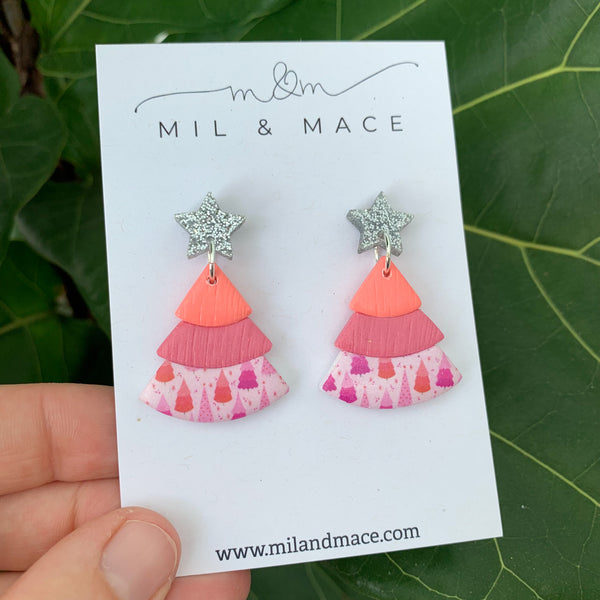 Layered Coral and Pink Christmas Trees  Polymer Clay Dangle Earrings