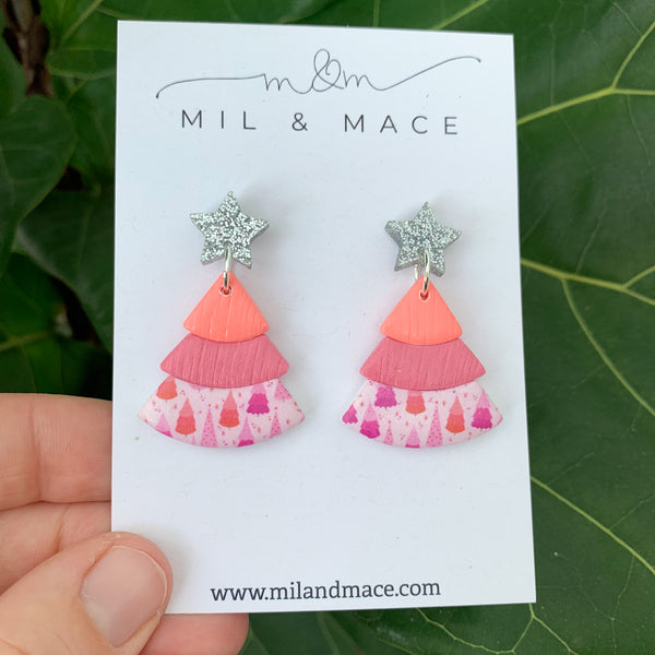 Layered Coral and Pink Christmas Trees  Polymer Clay Dangle Earrings