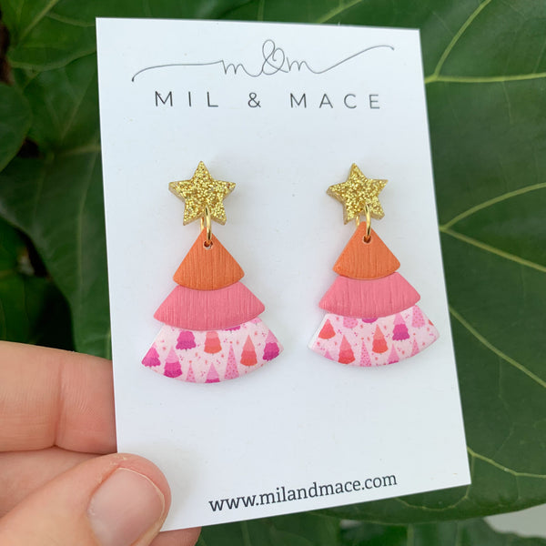 Layered Orange and Pink Christmas Trees  Polymer Clay Dangle Earrings