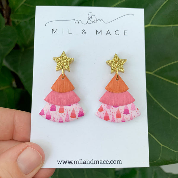 Layered Orange and Pink Christmas Trees  Polymer Clay Dangle Earrings