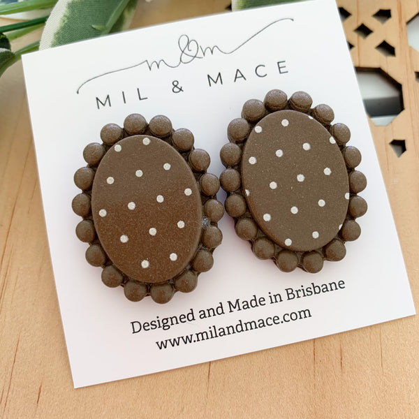 Polkadot Brown and White Polymer Clay Stud Earrings