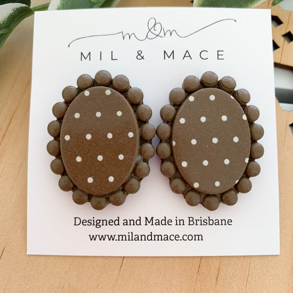 Polkadot Brown and White Polymer Clay Stud Earrings