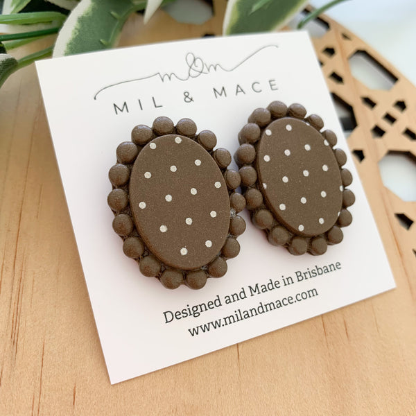 Polkadot Brown and White Polymer Clay Stud Earrings