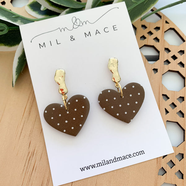 Polkadot Brown and white Polymer Clay Dangle Earrings
