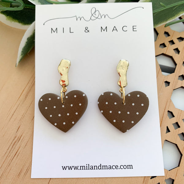 Polkadot Brown and white Polymer Clay Dangle Earrings