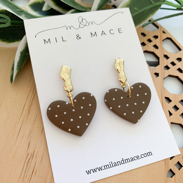 Polkadot Brown and white Polymer Clay Dangle Earrings