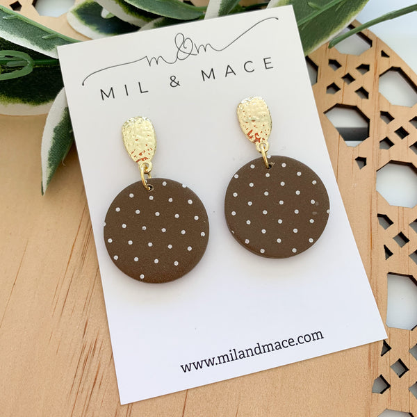 Polkadot Brown and white Polymer Clay Dangle Earrings