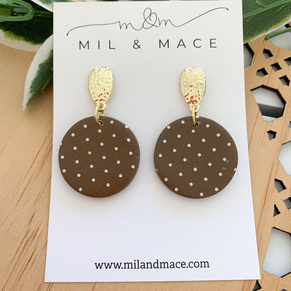 Polkadot Brown and white Polymer Clay Dangle Earrings