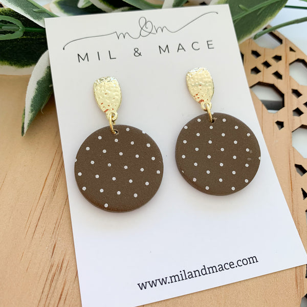 Polkadot Brown and white Polymer Clay Dangle Earrings