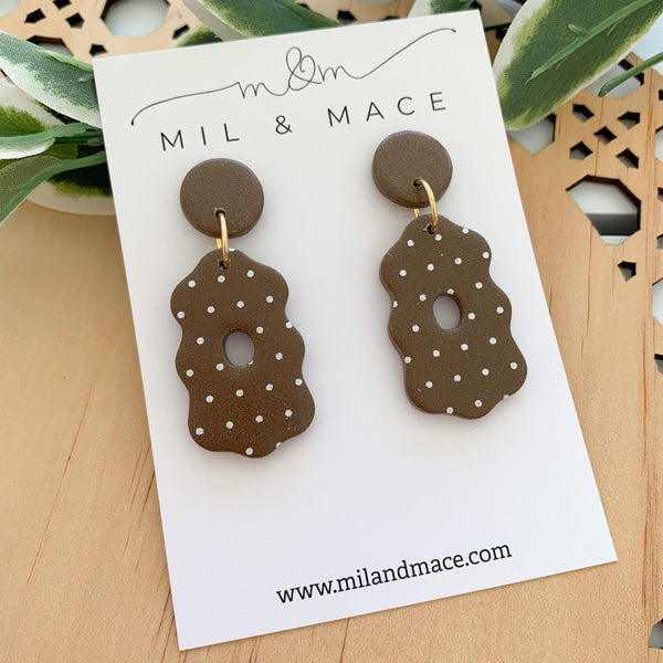 Polkadot Brown and white Polymer Clay Dangle Earrings