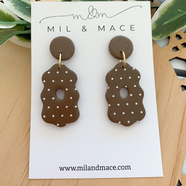 Polkadot Brown and white Polymer Clay Dangle Earrings