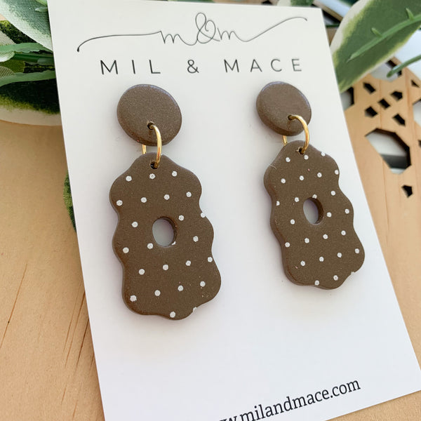 Polkadot Brown and white Polymer Clay Dangle Earrings