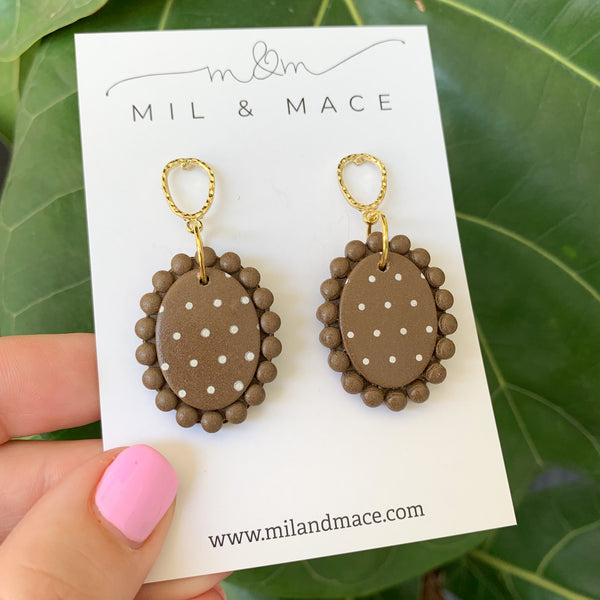 Polkadot Brown and white Polymer Clay Dangle Earrings