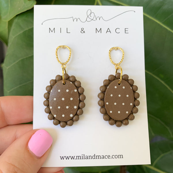 Polkadot Brown and white Polymer Clay Dangle Earrings