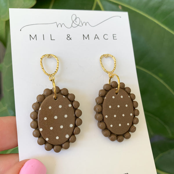 Polkadot Brown and white Polymer Clay Dangle Earrings