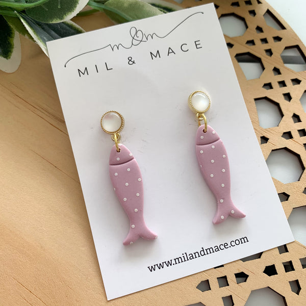 Purple and White Polkadot Polymer Clay Dangle Earrings