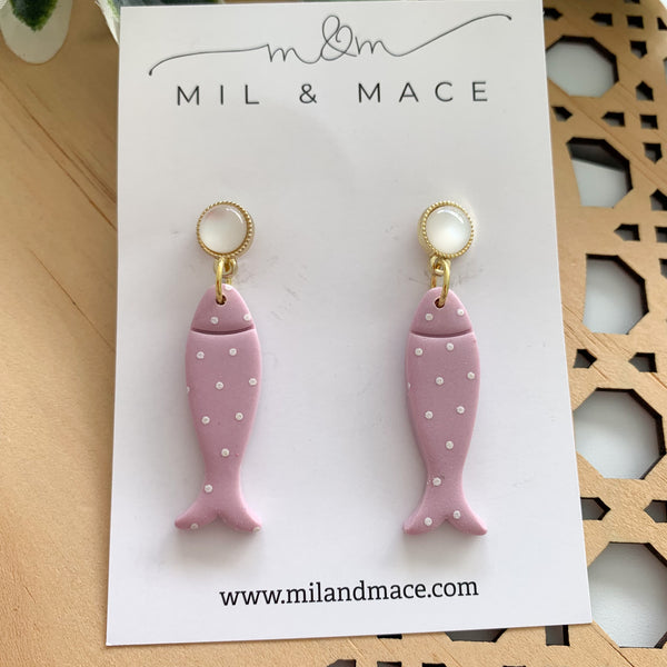 Purple and White Polkadot Polymer Clay Dangle Earrings