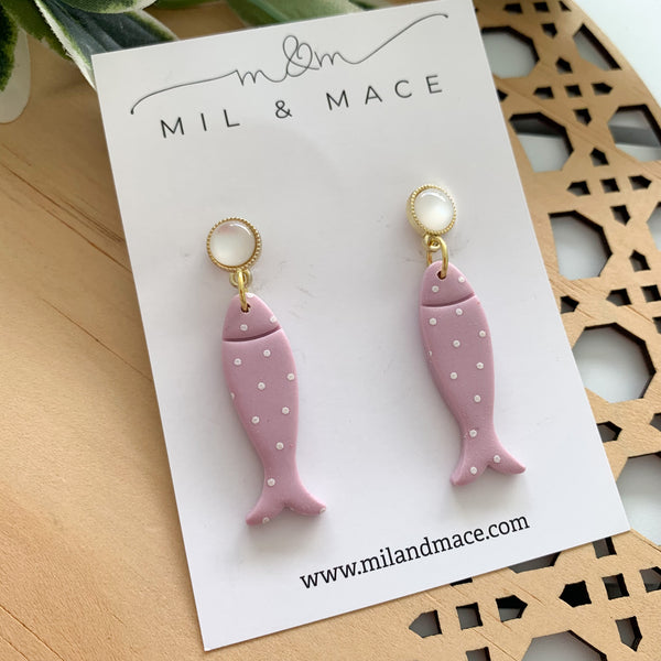 Purple and White Polkadot Polymer Clay Dangle Earrings