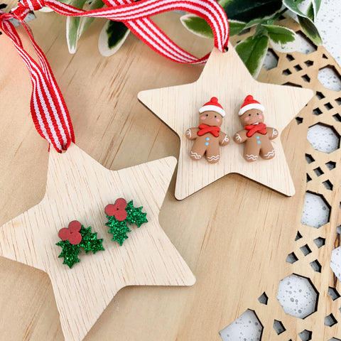 Christmas Star Wooden Decoration with Christmas Stud Earrings