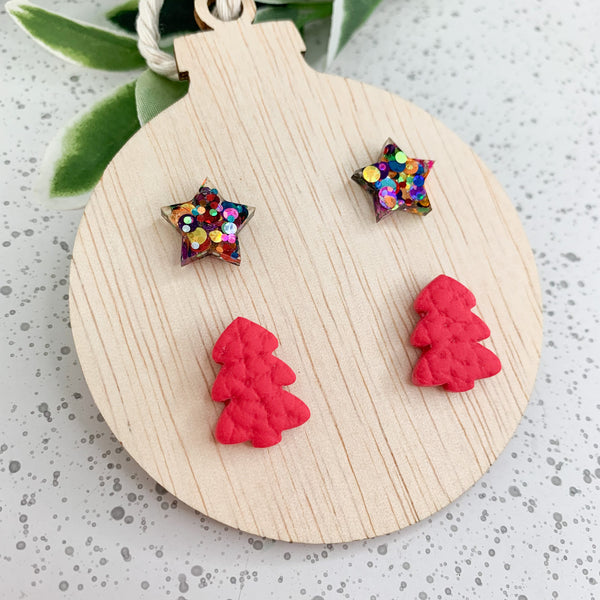 Bauble Wooden Decoration with Christmas Stud Earrings