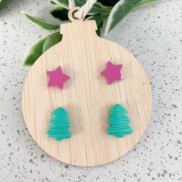 Bauble Wooden Decoration with Christmas Stud Earrings