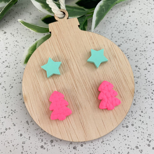 Bauble Wooden Decoration with Christmas Stud Earrings