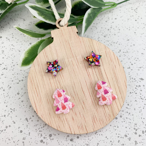 Bauble Wooden Decoration with Christmas Stud Earrings