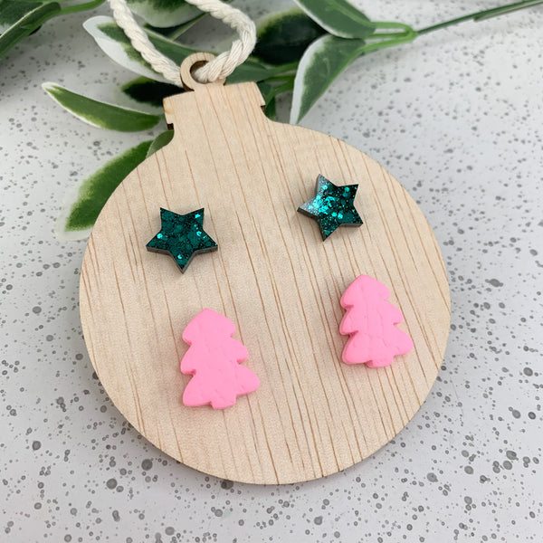 Bauble Wooden Decoration with Christmas Stud Earrings