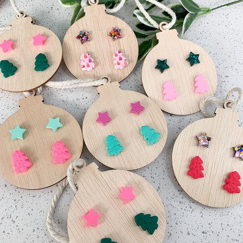 Bauble Wooden Decoration with Christmas Stud Earrings