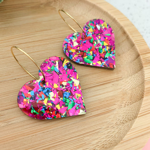 Carnival Glitter Heart Hoop Acrylic Dangle Earrings