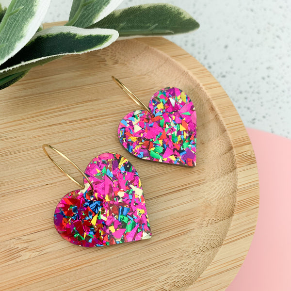 Carnival Glitter Heart Hoop Acrylic Dangle Earrings