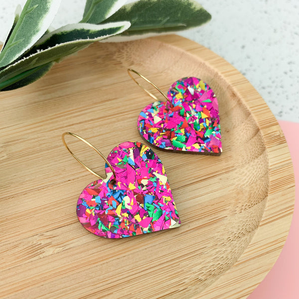 Carnival Glitter Heart Hoop Acrylic Dangle Earrings