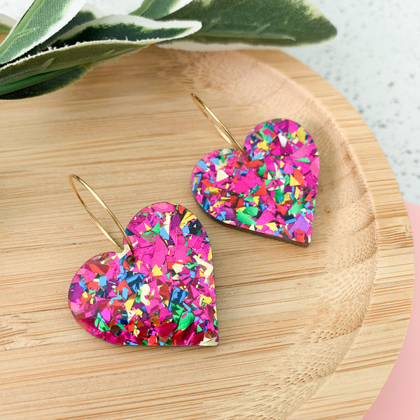 Carnival Glitter Heart Hoop Acrylic Dangle Earrings