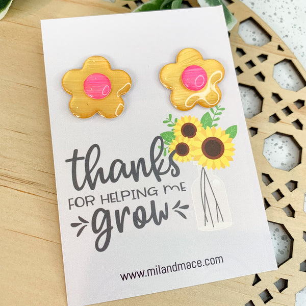 Educator Gift 'Thanks for helping me grow' Large Flower Stud Earrings