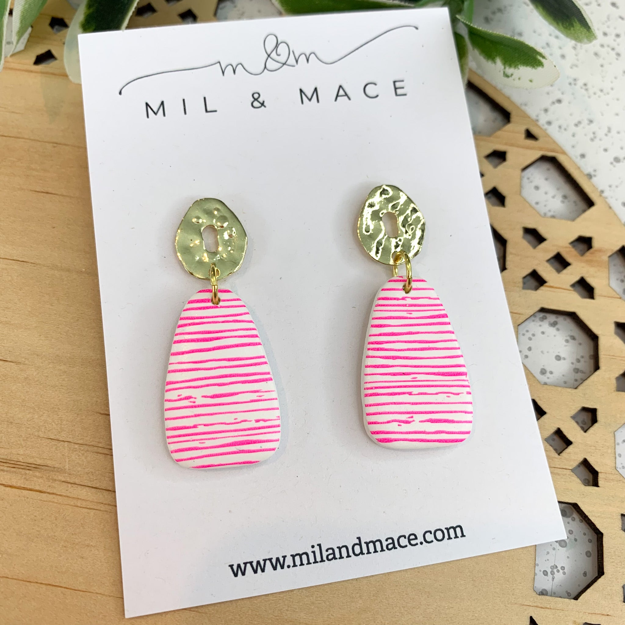 Hot Pink and White Polymer Clay Dangle Earrings