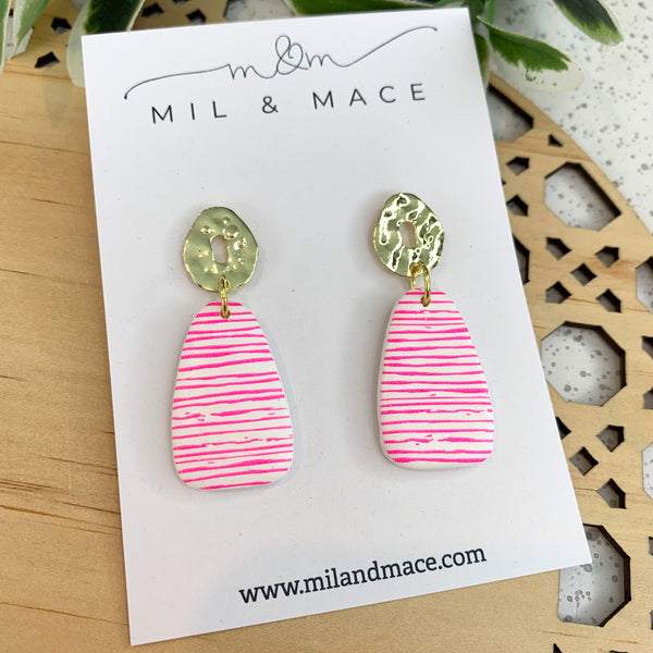 Hot Pink and White Polymer Clay Dangle Earrings