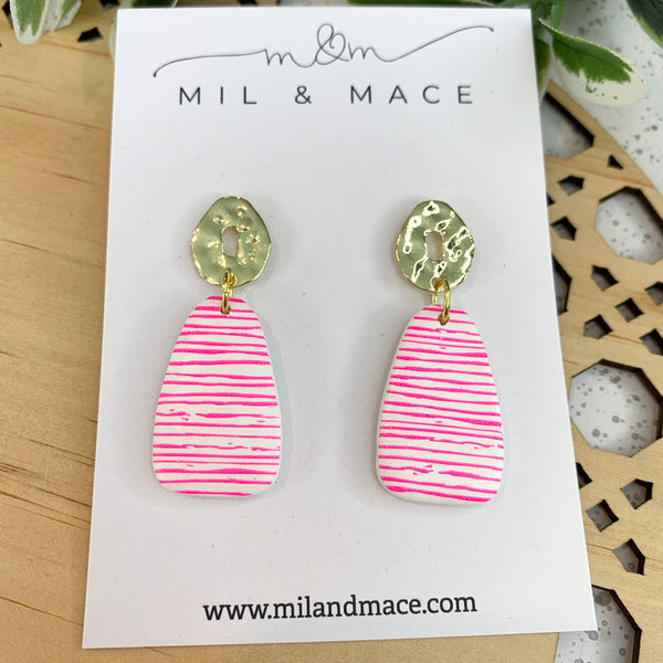 Hot Pink and White Polymer Clay Dangle Earrings